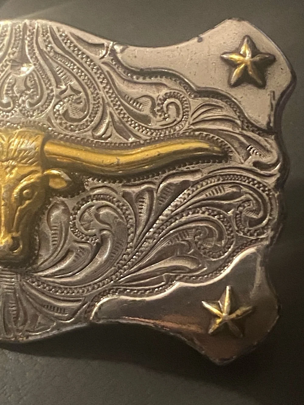 Vintage Western Style Longhorn Steer Belt Buckle Two-Tone Silver & Gold Draign